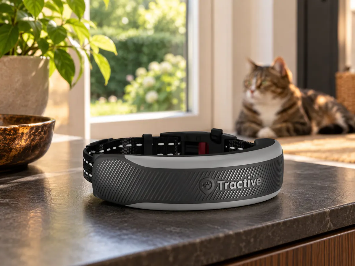 Scène générée par IA montrant le traceur Tractive CAT Mini édition 2026 par Tractive dans un contexte neutre sans installation revendiquée