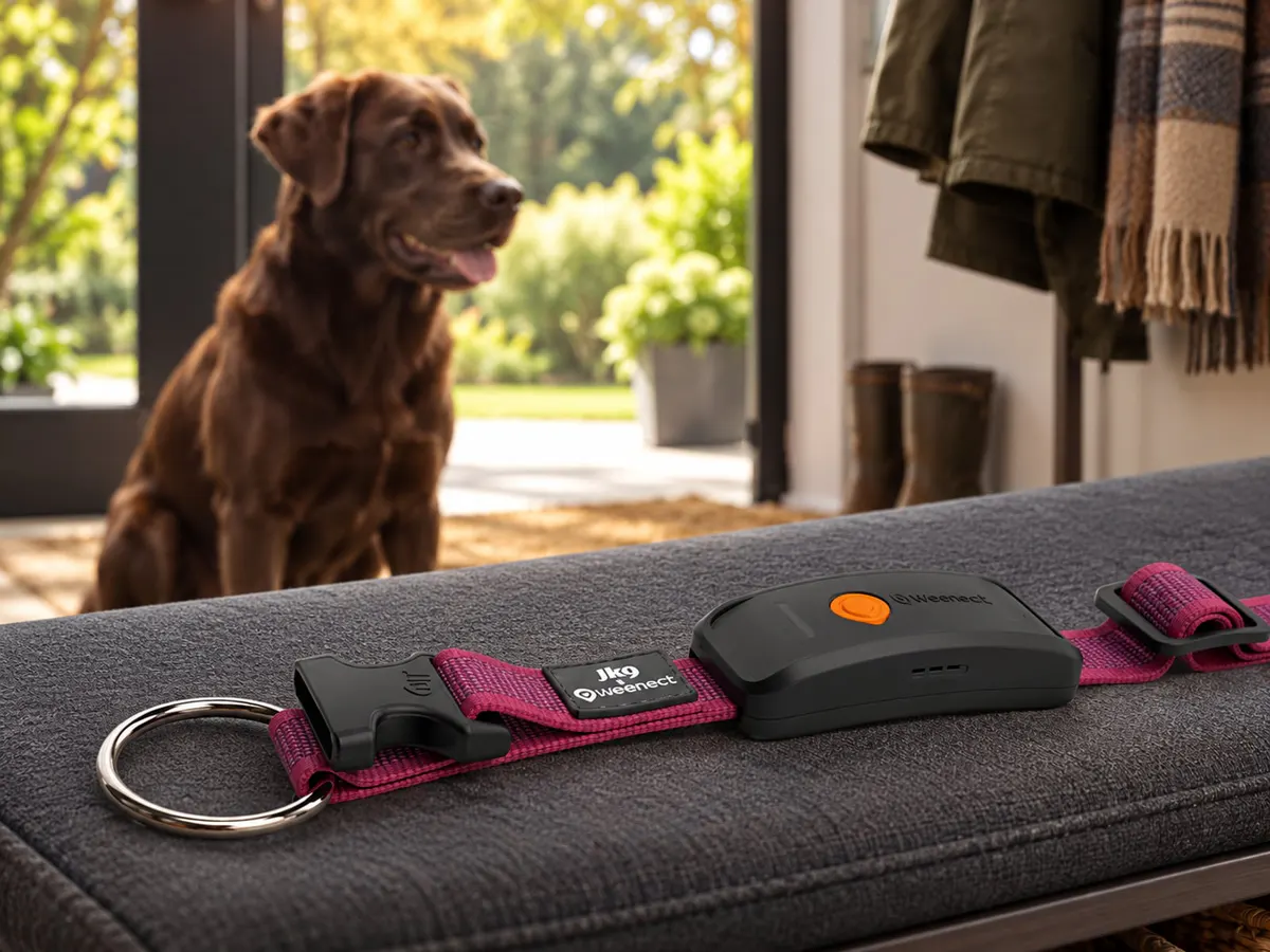 Scène générée par IA montrant le traceur Weenect Chien XT avec collier Julius-K9 par Weenect dans un contexte neutre sans installation revendiquée