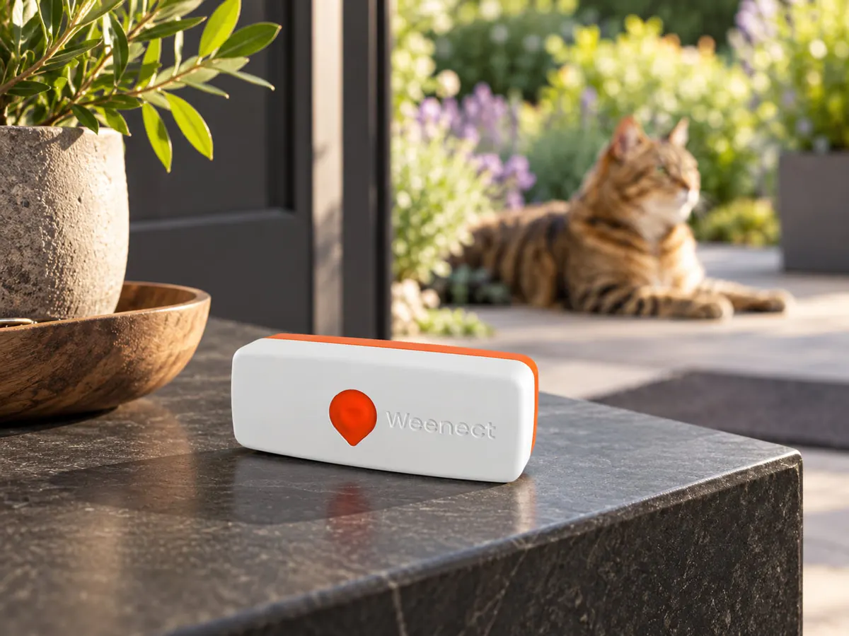 Scène générée par IA montrant le traceur Weenect Chat XS par Weenect dans un contexte neutre sans installation revendiquée