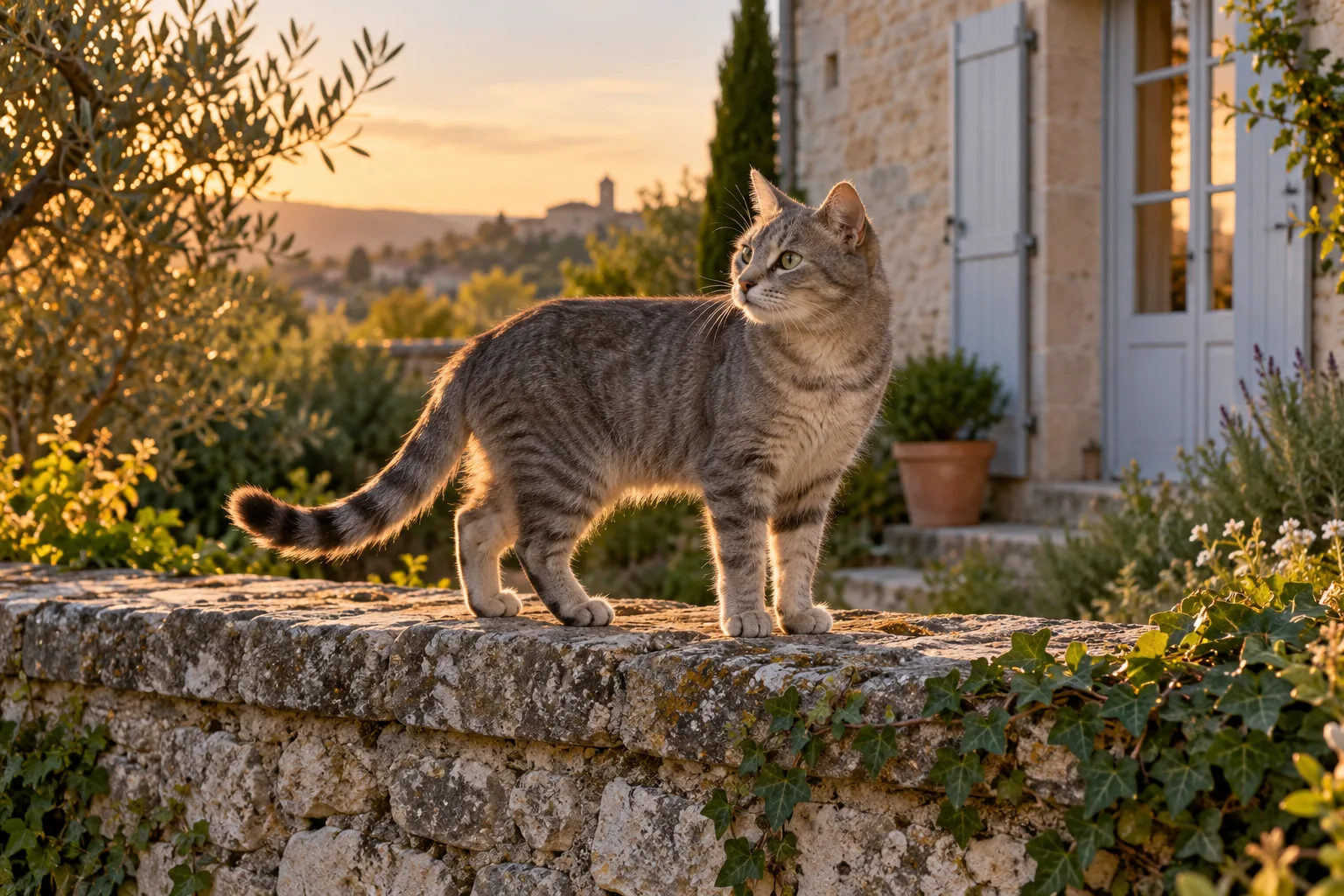Un chat se tient près d’une maison et de son jardin.