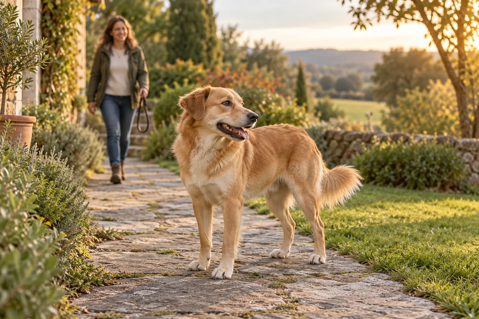Un chien se promène avec sa propriétaire sur un chemin.